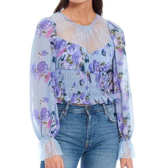 Nwot Free People Daphne Floral Print Lace Sheer Yoke Smocked Hem Blouse Size M - Picture 8 of 14